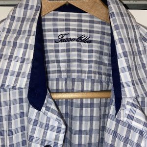 Men’s Dress Shirt - Tasso Elba - Medium (15 Neck), White w Blue Checkers